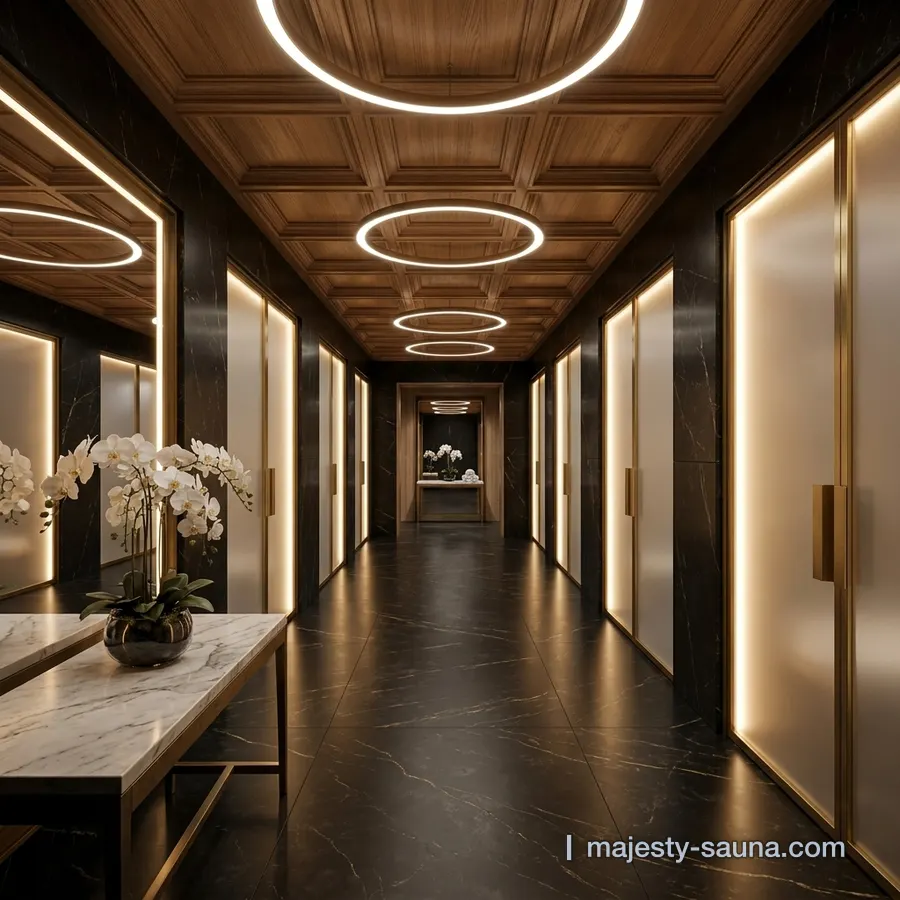 Corridor at Majesty Spa, ring lights in the ceiling, black marble floor and glass doors on both sides